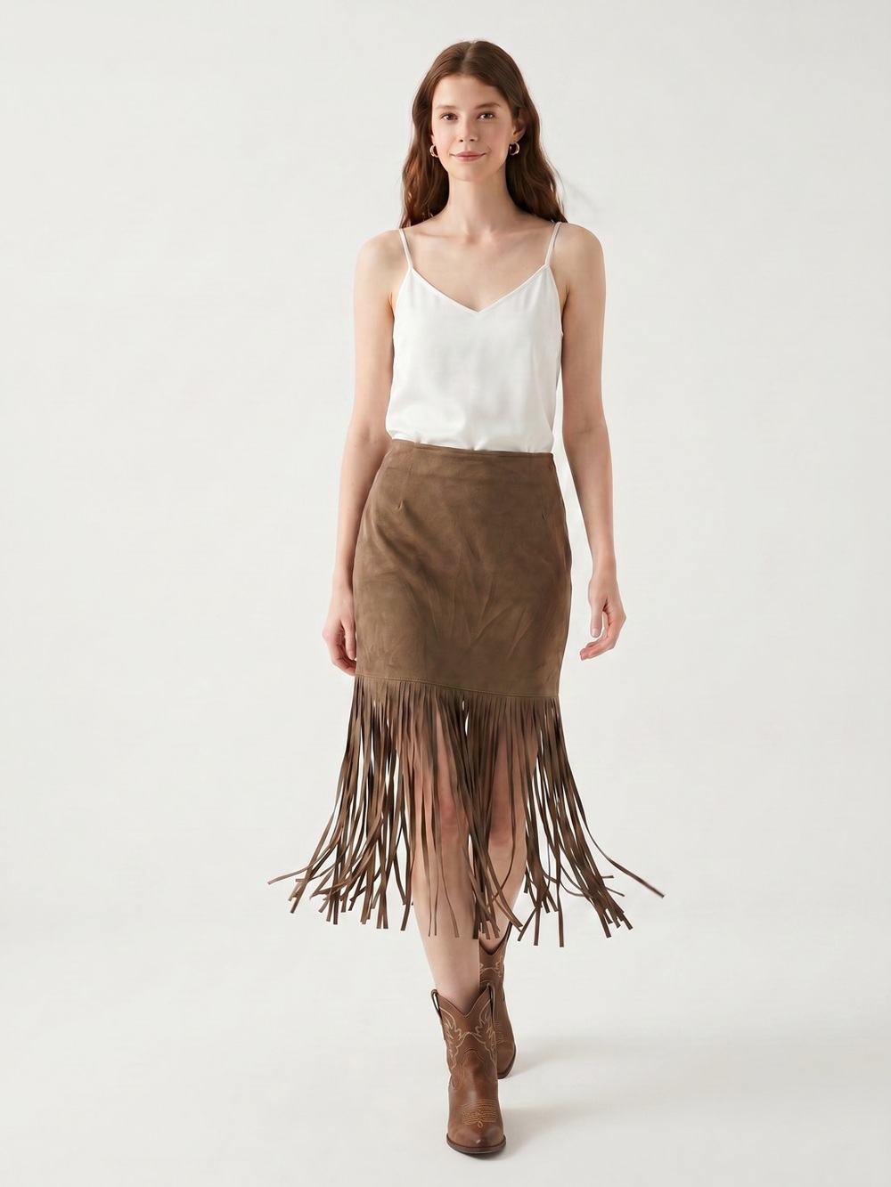 Rue 21 Western Fringe Faux Suede Midi Skirt - Brown. Size XS. Cowgirl. Festival